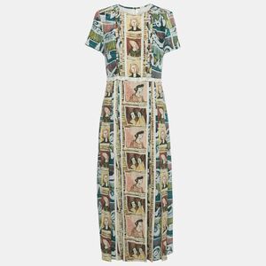 Burberry Multicolor Framed Heads Print Silk Lace Trim Maxi Dress M
